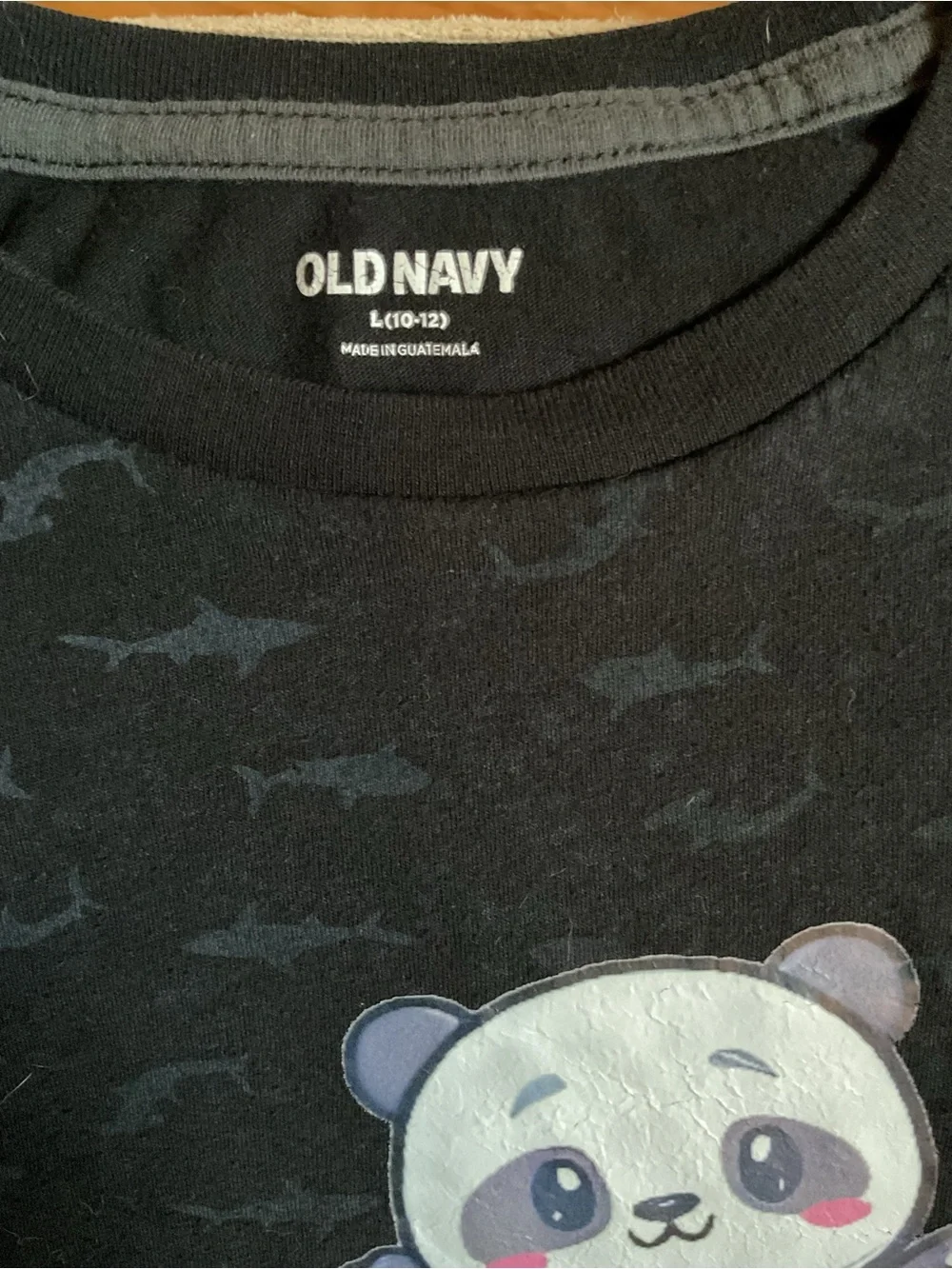 Old Navy Black Tee with Blue Shark and White Panda Graphic